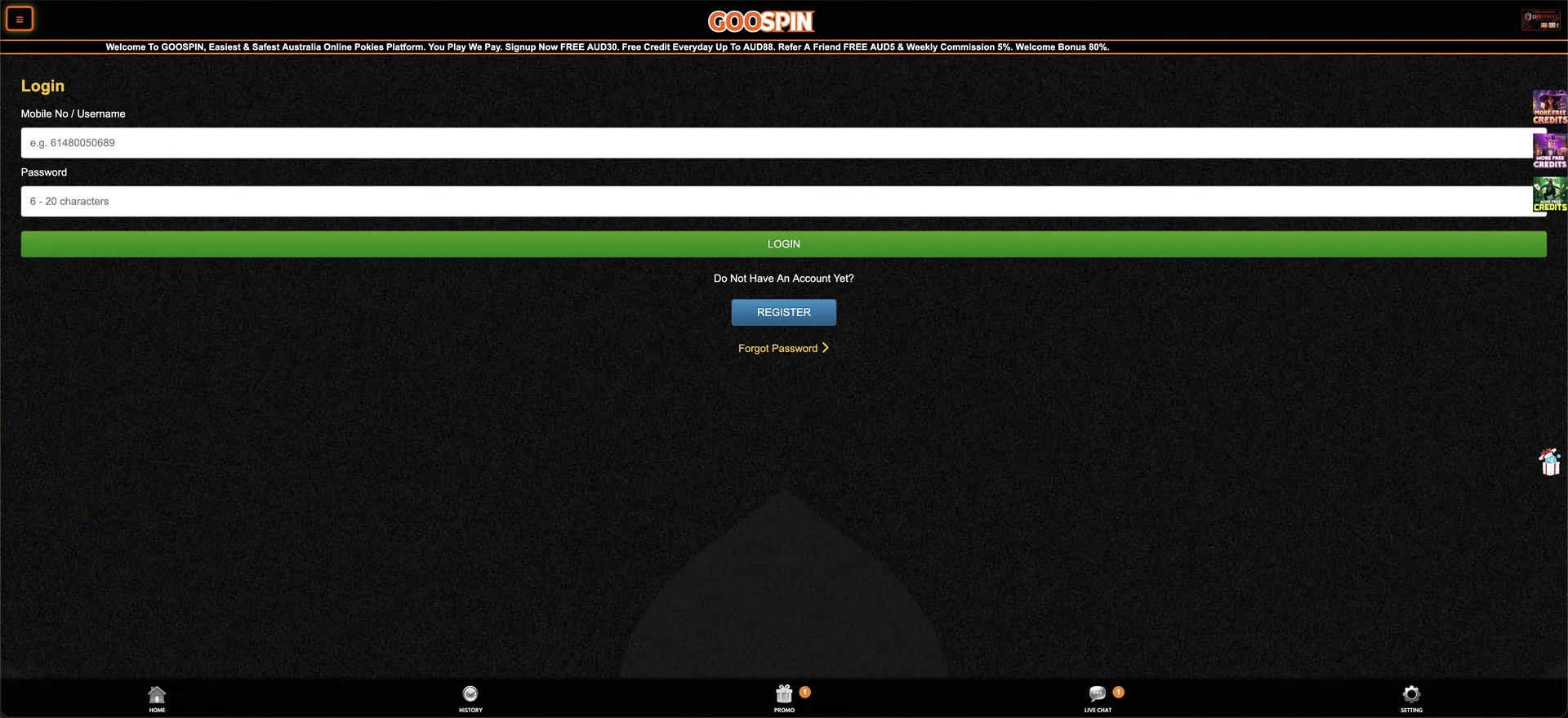 GOOSPIN casino login form for mobile number or username