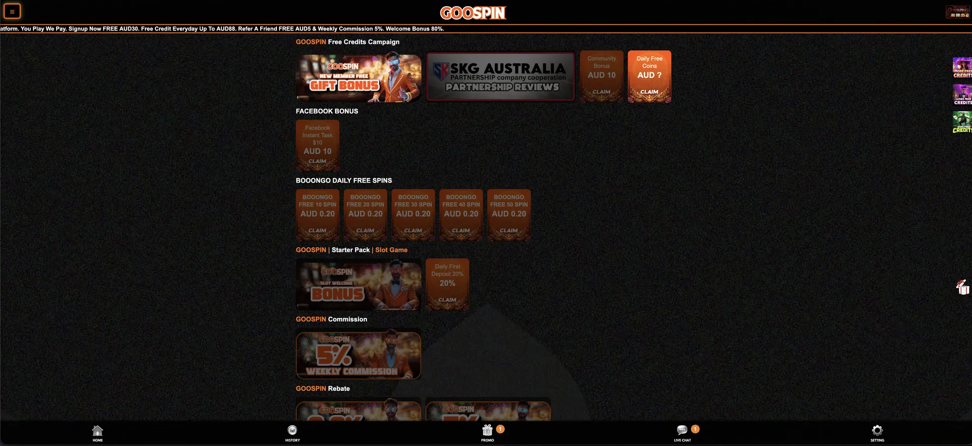 GOOSPIN promotions page with free credits, free spins and deposit rewards