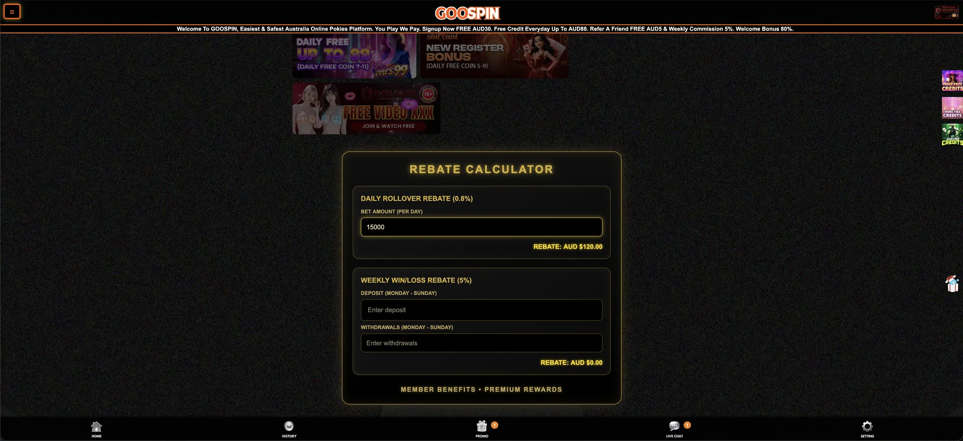 GOOSPIN rebate calculator for daily rollover and weekly win-loss rebates