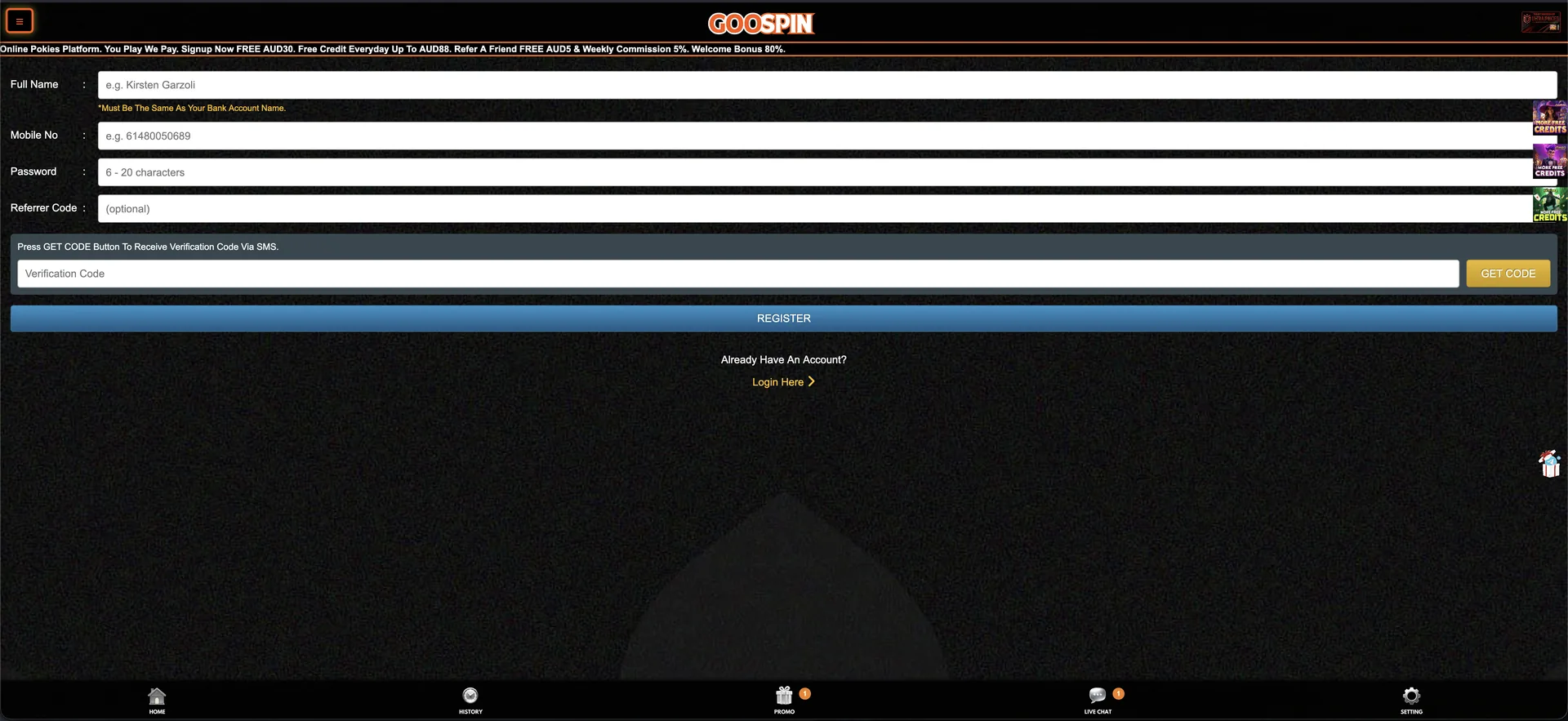 GOOSPIN casino registration form with SMS verification