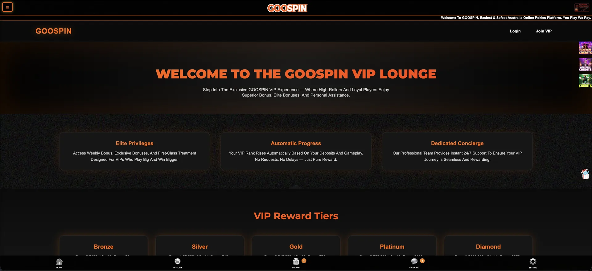 GOOSPIN VIP Lounge with privileges and five reward tiers